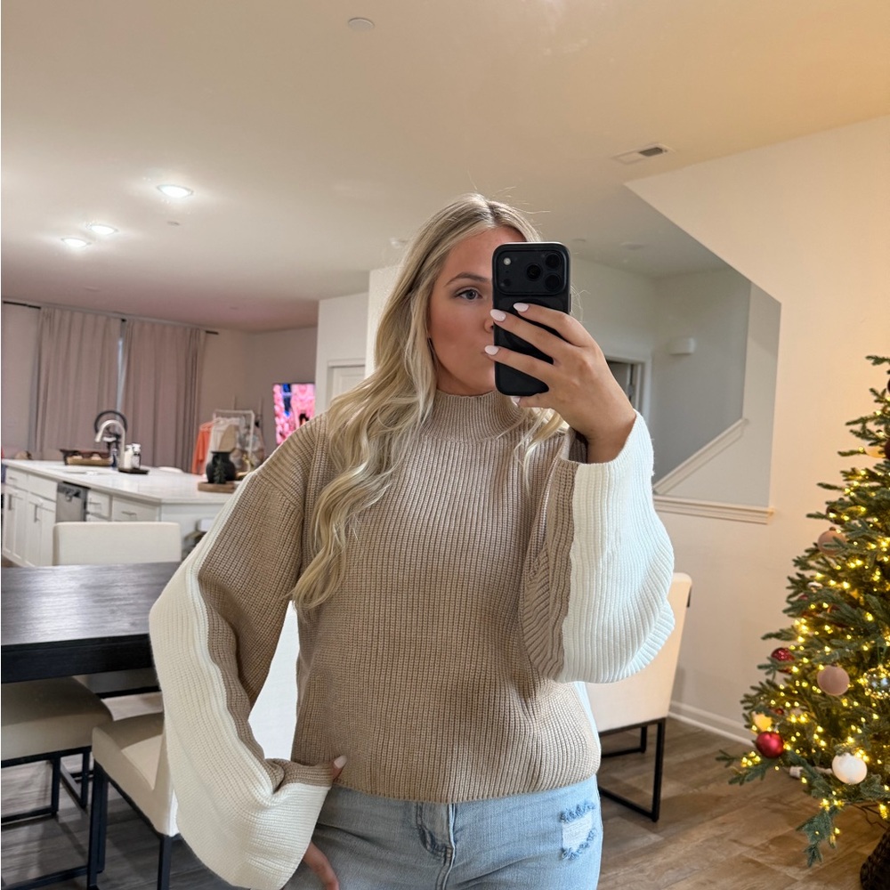 Chic Tan and Cream Women's Turtleneck Sweater